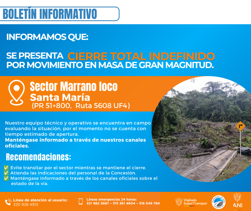Informamos que: ⛔𝗦𝗲 𝗽𝗿𝗲𝘀𝗲𝗻𝘁𝗮 𝗰𝗶𝗲𝗿𝗿𝗲 𝘁𝗼𝘁𝗮𝗹 𝗶𝗻𝗱𝗲𝗳𝗶𝗻𝗶𝗱𝗼 ⛔𝗽𝗼𝗿 𝗺𝗼𝘃𝗶𝗺𝗶𝗲𝗻𝘁𝗼 𝗲𝗻 𝗺𝗮𝘀𝗮 𝗱𝗲 𝗴𝗿𝗮𝗻 𝗺𝗮𝗴𝗻𝗶𝘁𝘂𝗱 𝗲𝗻 𝗲𝗹 𝘀𝗲𝗰𝘁𝗼𝗿: "𝗠𝗮𝗿𝗿𝗮𝗻𝗼 𝗹𝗼𝗰𝗼" - 𝗦𝗮𝗻𝘁𝗮 𝗠𝗮𝗿í𝗮 𝗣𝗥 𝟱𝟭+𝟴𝟬𝟬 𝗨𝗳𝟰. Nuestro equipo técnico y operativo se encuentra en campo evaluando la situación, por el momento no se cuenta con tiempo estimado de apertura.